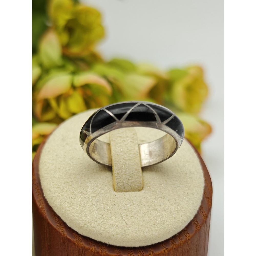 Black Onyx & Sterling Silver, Size 9 Artisan Handmade MCM Style Gemstone Ring